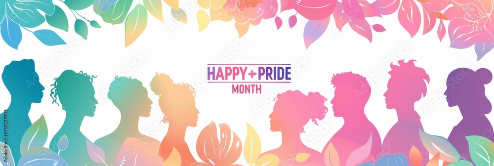 Pride month banner with diverse silhouettes, text 