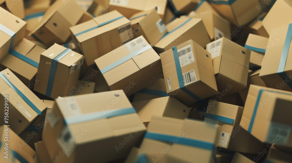 Fototapeta premium A chaotic pile of cardboard boxes creating a pattern of repetition and disarray.