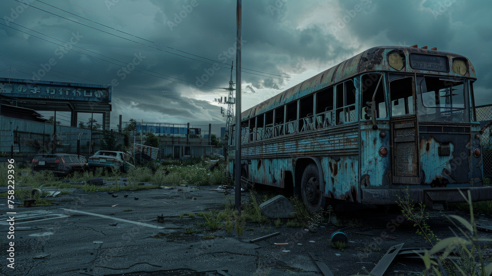 An eerie post-apocalyptic scene with a decrepit bus amidst urban decay.
