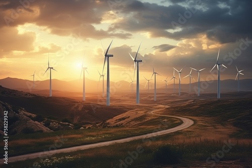 Wind turbines at sunset, aerial view. Renewable energy, ecology, environment concept