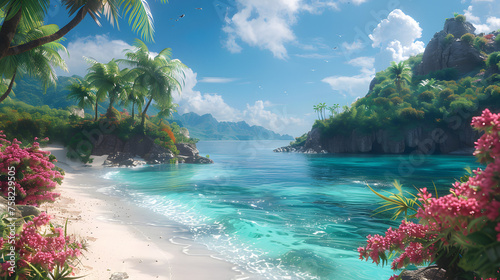 A captivating seascape featuring a vibrant beach with pink tropical flowers against a backdrop of blue sea