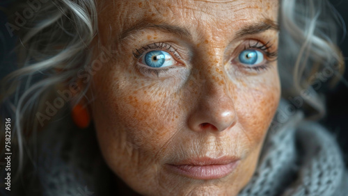 Close-up portrait of an elderly woman with striking blue eyes and freckled skin.