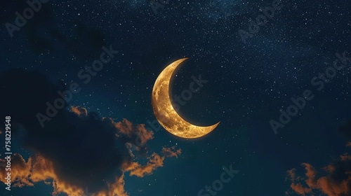 Ramadan Kareem & Eid Mubarak: crescent moon on a starry night