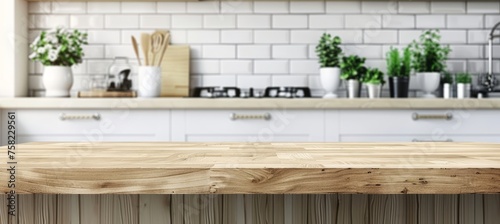 Empty wooden table set against blurred kitchen countertop background for versatile home decor
