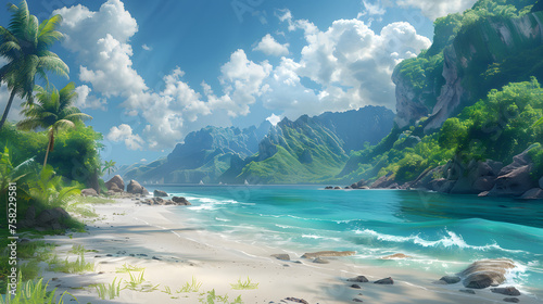 A breathtaking view of a serene tropical beach with crystal clear waters and lush green mountains under a bright sunny sky © Reiskuchen