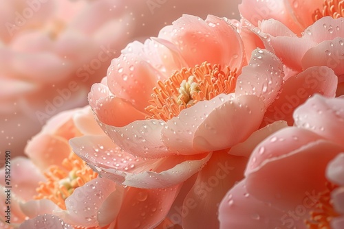 Close-up of peach peony with dew drops © Natalia
