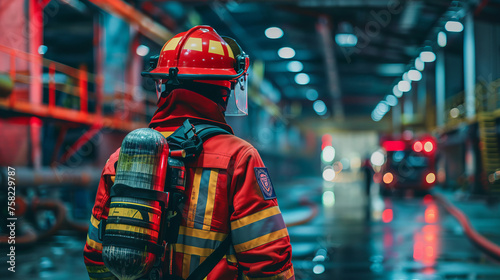 A firefighter in full protective gear and helmet stands ready, displaying the professionalism and preparedness of emergency services