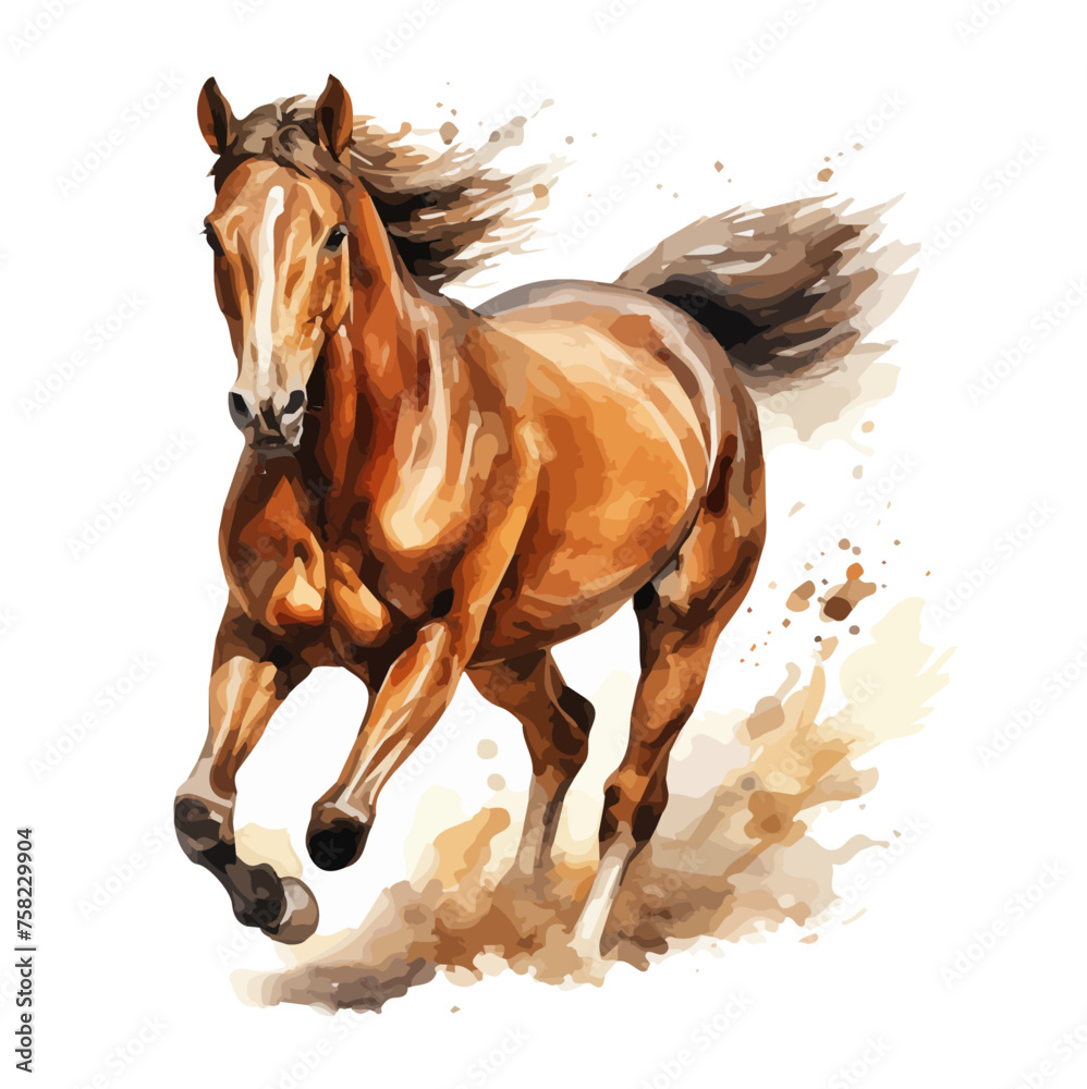 Watercolor painting of a brown horse running, isolated on a white ...