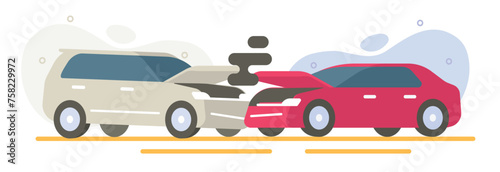 Cars crash illustration vector, two vehicles wreck accident collision graphic, auto broken smoke red white flat cartoon image, automobile traffic front collide clip art cute modern design