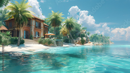 An idyllic tropical scene depicting a private luxury villa with steps leading down to the crystalline ocean water