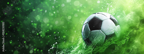 Dynamic Soccer Ball in Motion Surrounded by Green Energy Waves - High-Intensity Action Sports Photography