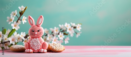 Spring Easter table decor with gingerbread bunny cookie on vibrant backdrop. Text space available.