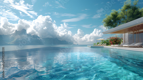 A modern infinity pool offering a panoramic view of a serene lake and distant mountains signifying opulence and tranquility
