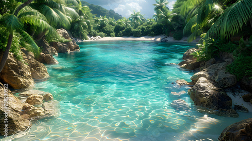 Calm cove with gentle waves hitting the shore, surrounded by exotic vegetation under a warm sun © Reiskuchen