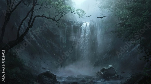 A dark forest scene with a small cave behind a waterfall, and a few birds flying overhead. The scene is bathed in a soft, ethereal light, and the mist rises up into the air. photo