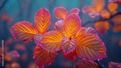  a close up of a leafy plant with drops of water on the leaves and the sun shining on the leaves.