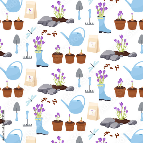 Seamless pattern with garden elements. Spring pattern on a transparent background. Flat style pattern for textile, paper or packaging. Crocus bouquet, watering can, flower bed, seeds in flat style.