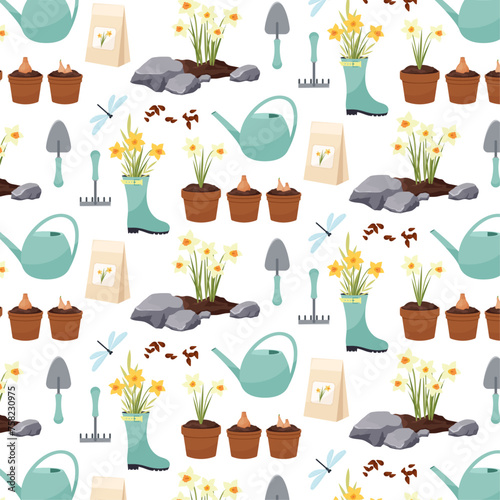Seamless pattern with garden elements. Spring pattern on a transparent background. Flat style pattern for textile, paper or packaging. Daffodils bouquet, watering can, flower bed, seeds in flat style.