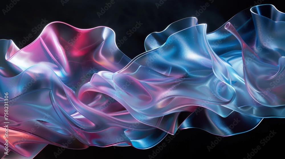 Obraz premium Abstract wavy silk texture in pink and blue. Silky fabric waves with a lustrous sheen in vibrant tones. Fluid silk drapery in contrasting pink and blue hues.