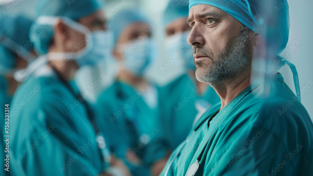 Intense male surgeon with team of medical staff in a hospital setting. Intense male surgeon with team of medical staff in a hospital setting.