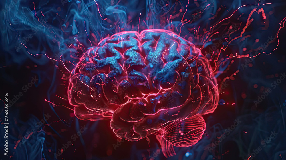 Human brain shows lighting colors and action on black background - obrazy, fototapety, plakaty 