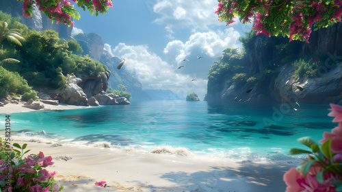 A hidden beach cove surrounded by cliffs, with birds in the air and blooming flowers on the foreground