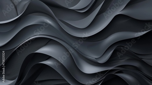 Abstract wavy lines in black and grey simulating silky texture for modern designs. Smooth gradient flow of black and silver for elegant background wallpaper.