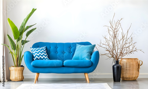 Cute blue loveseat sofa or snuggle chair and pot with branch. Interior design of modern living room with white wall with copy space. Created with generative AI  photo