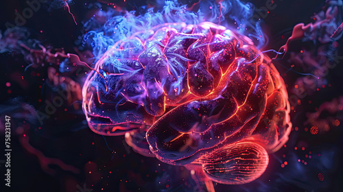 Human brain shows lighting colors and action on black background