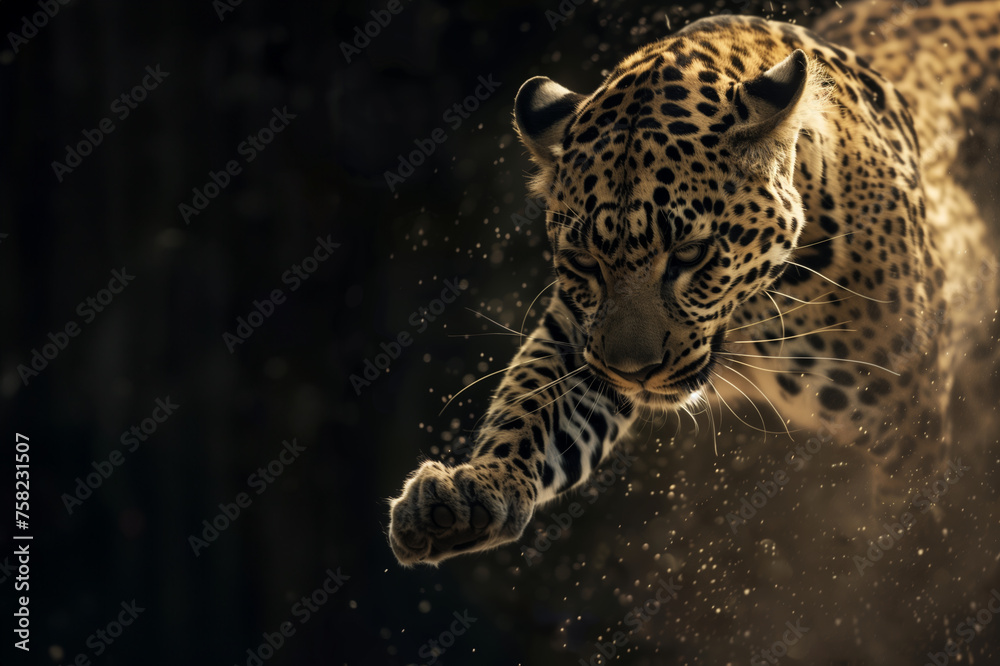 a leopard jumping though the air with copy space