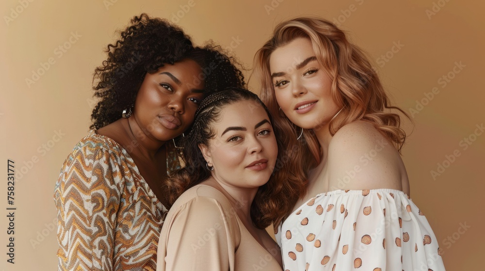 Three fat multiethnic women posing in their natural bodies. Women, body positive beauty standing together smiling. Generative ai