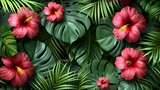  a close up of a bunch of flowers on a background of green leaves and palm fronds with a red flower in the center.