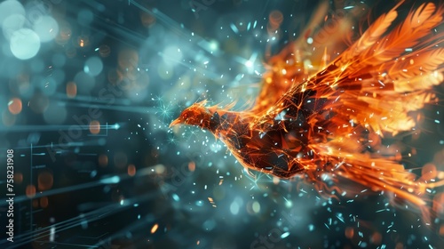 A cyber phoenix reborn from market crashes, symbolizing the resilience of investors and the ever-evolving nature of finance and technology.