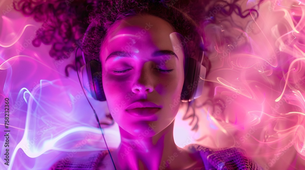 Serene woman immersed in music with vibrant abstract lights surrounding her, capturing emotion and style. digital art. AI Serene woman immersed in music with vibrant abstract lights surrounding her, capturing emotion and style. digital art. AI