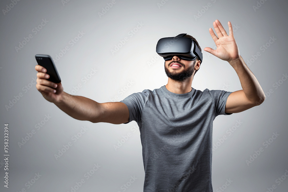 Man wearing virtual reality goggles, VR headset, glasses of virtual reality, virtual landscapes. Man wearing virtual reality goggles, VR headset, glasses of virtual reality, virtual landscapes.
