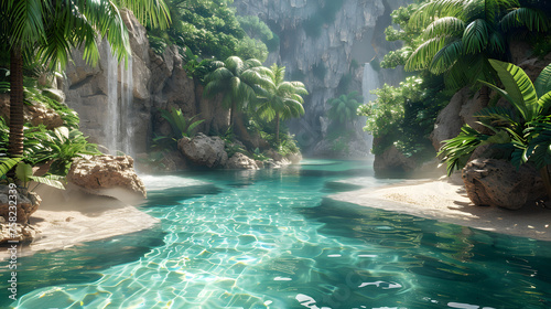 Enchanting hidden oasis with emerald waters, waterfalls, and lush jungle vegetation in a serene setting