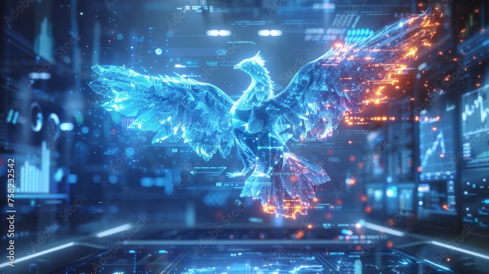 A cyber phoenix reborn from market crashes, symbolizing the resilience of investors and the ever-evolving nature of finance and technology.