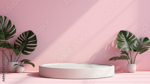 Podium de présentation rond avec feuilles tropicales. Couleur rose clair. Beauté, cosmétique, bien-être. Pour conception et création graphique.