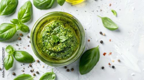 Glass jar of pesto sauce on white background with ample space for text placement