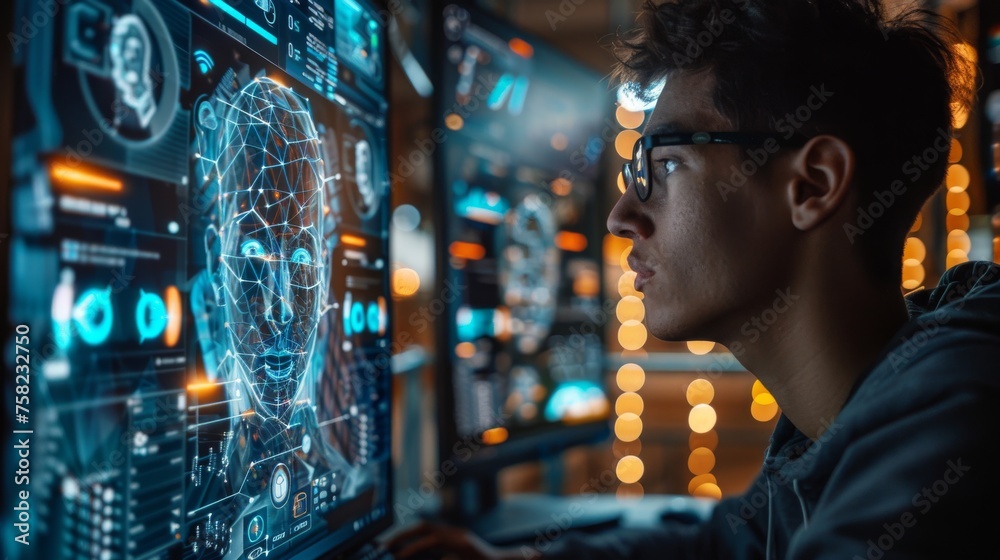 Man IT Engineer sitting in Working Data Center, Explaining Things, While Works on laptop computer, showing the innovation of artificial intelligence. Generative ai Man IT Engineer sitting in Working Data Center, Explaining Things, While Works on laptop computer, showing the innovation of artificial intelligence. Generative ai