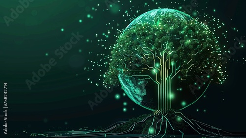 An abstract illustration of a digital tree whose branches and leaves are made of green glowing circuit lines