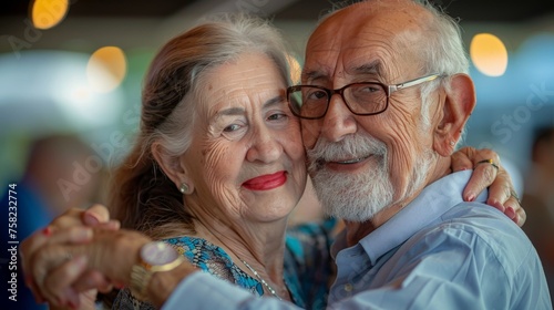 Romantic senior couple wife and husband dancing to music together. Happy cuple of seniors friends attend salsa dancing class, moving to the rhythm. Generative ai