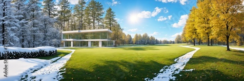 A beautiful private residential building against a backdrop of nature. Four seasons in one image. Winter spring Summer Autumn. Snow on green grass. Falling leaves. Bright sun on a blue sky. House.