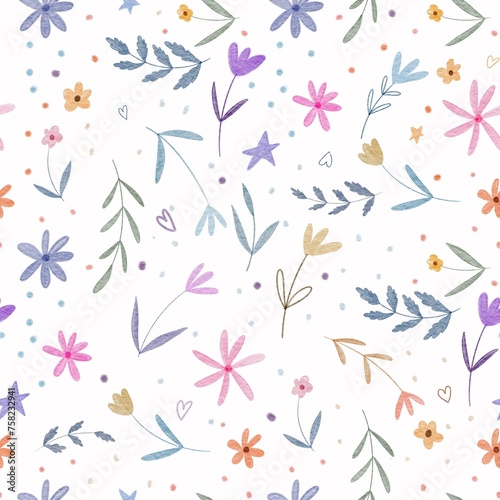 Childish seamless pattern with watercolor colorful flowers and leaves isolated on white background