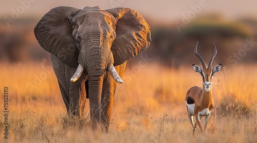 Harmonious elephant and gazelle encounter in golden savanna   wildlife sanctuary advertisement
