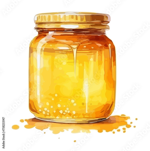 Watercolor Drawing Illustration of Honey jar, isolated on a white background, clipart art, Vector Graphic Painting.