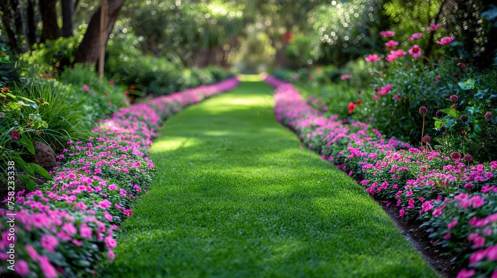 close up perspective garden walkway with flowers blossoming, beautiful nature springtime background, Generative Ai