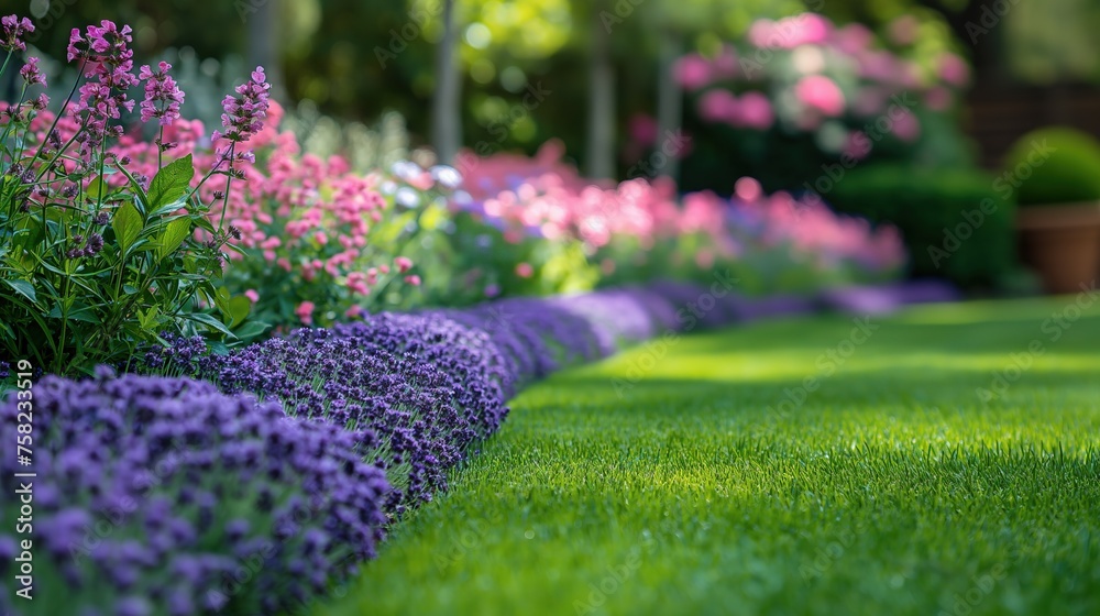 Obraz premium pink purple flowerbed flowers blossoming with morning sunlight shine as background, calm peaceful cheerful atmosphere springtime background, Generative Ai