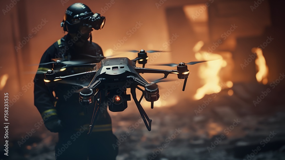  firefighters equipped with advanced drones and sensors swiftly respond to emergencies, ensuring the safety of both  and human communities
 - obrazy, fototapety, plakaty 