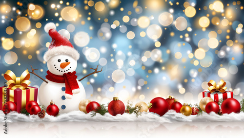 Christmas card or background featuring a snowman with a red hat and scarf in the snow, along with a Christmas present and ornaments and Stars in front of blurred light points. © Erich